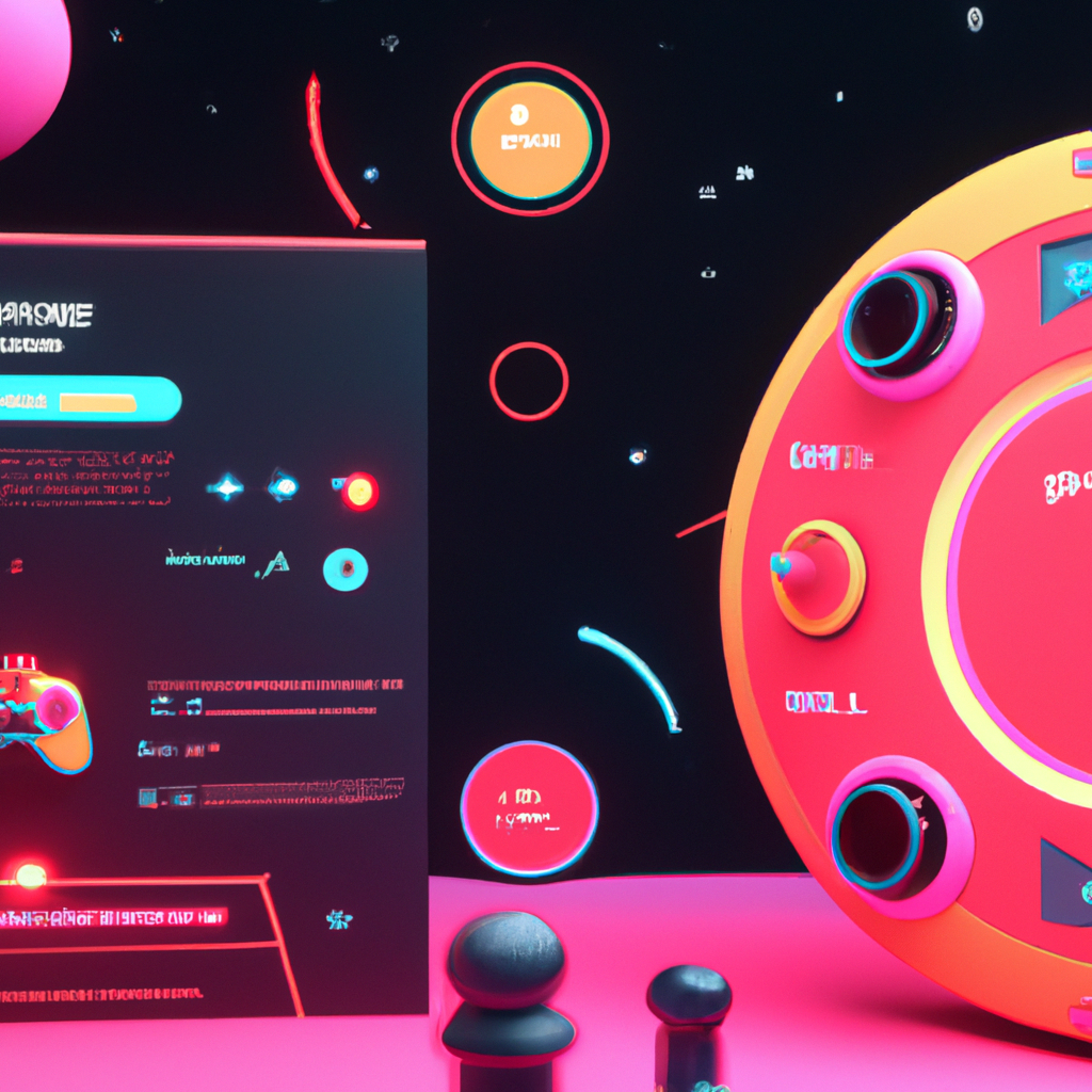 Arcade montage with joystick, neon tiles and a quick-match overlay